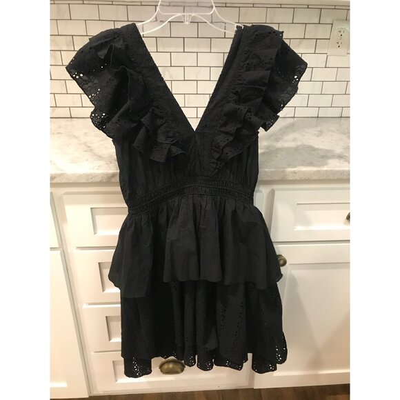Playa Lucila Dress Womens Medium Black Eyelet V Neck Ruffle Mini Babydoll Fairy - Picture 1 of 9